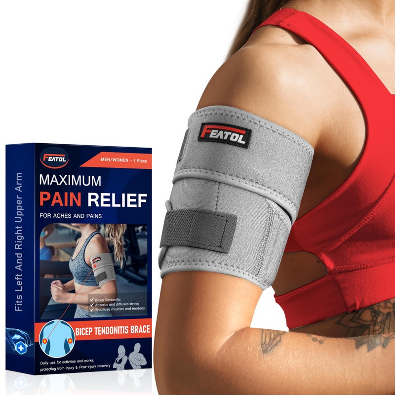 FEATOL Bicep Tendonitis Brace Compression Sleeve Support Upper Arm Brace Tricep Bicep Support Bands for Men and Women Arm Wrap Pain Relief for Muscle Strains and InflammationGray Small